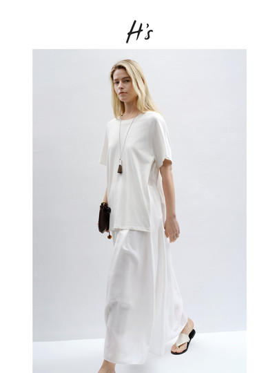 Hs Lyocell Dress for Women, Summer 2025 New Style, High-End Design, Loose Fit, Linen Blend, White Long Umbrella Skirt