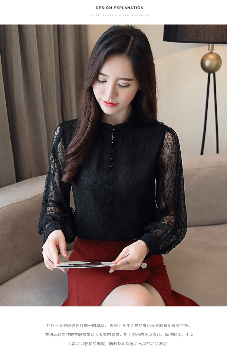 Quần áo voan mùa thu đông nhỏ áo sơ mi cổ lọ ren ren dài tay nữ 2018 mới dày cộng với áo sơ mi nhung áo sơ mi nữ tay ngắn
