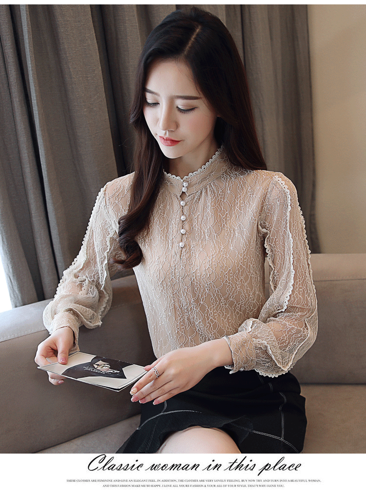 Quần áo voan mùa thu đông nhỏ áo sơ mi cổ lọ ren ren dài tay nữ 2018 mới dày cộng với áo sơ mi nhung áo sơ mi nữ tay ngắn