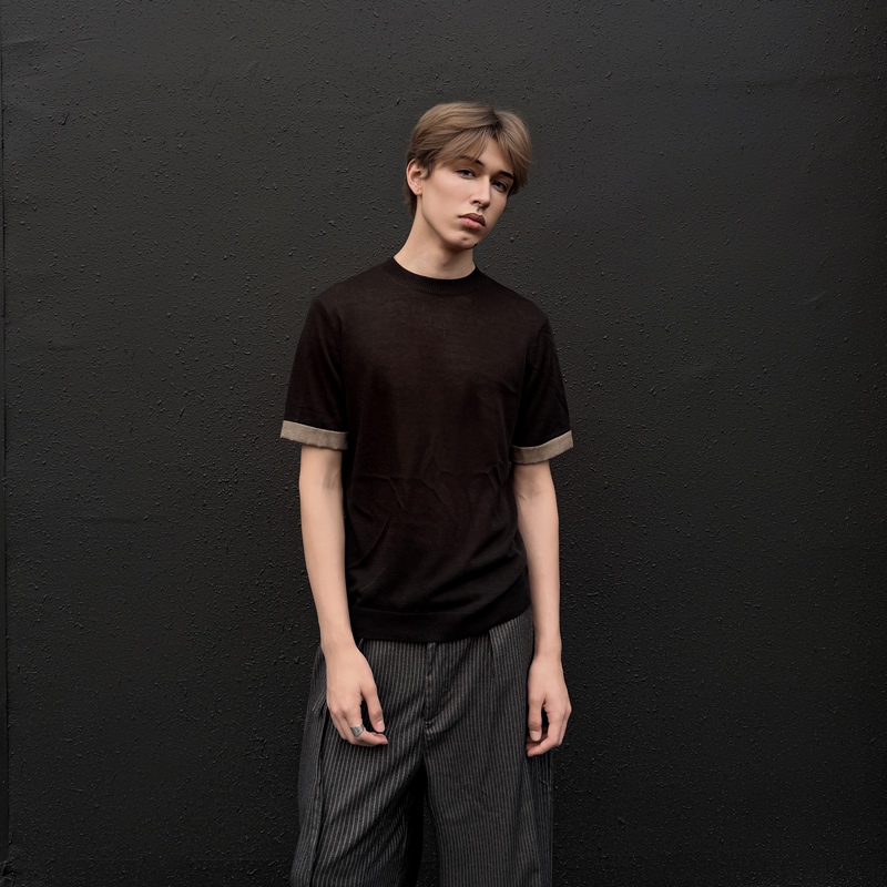 Rjek Old Money Style New Elite High-End Linen Lyocell Floral Houndstooth Knit Top Boxy Short-Sleeve T-Shirt