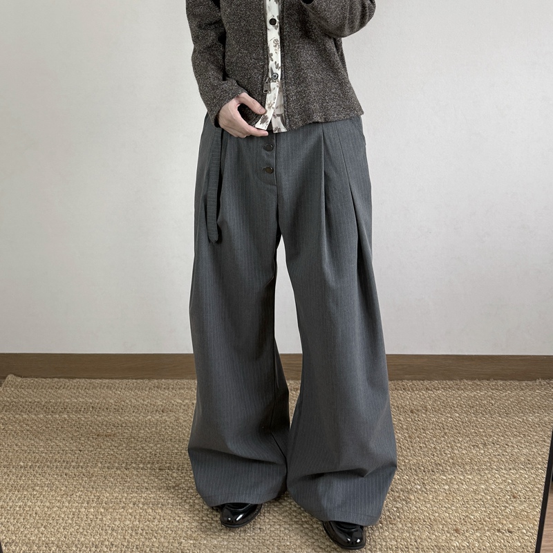 Rjek Zen Pleated Buttoned Striped A-Line Wide-Leg Tr Old Money Style Cleanfit Commuter Baggy Trousers
