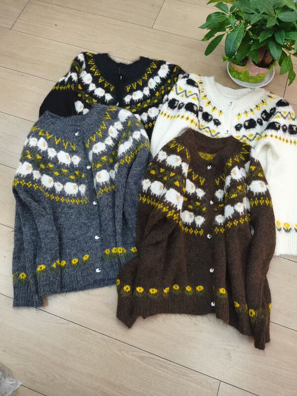 Vintage Fair Isle Little Sheep Jacquard Alpaca Wool Cardigan with Fun Lamb Floral Pattern, Round Neck Loose Sweater Vintage Fair Isle Little Sheep Jacquard Alpaca Wool Cardigan with Fun Lamb Floral Pattern, Round Neck Loose Sweater