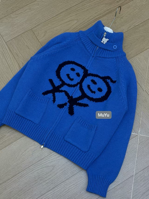 Nordic New Style ~ Stickman Sweater, 1.5 Thick Knit, Flat Stitch, Stand Collar, Zipper, Fun Cartoon Jacquard, Loose Coat