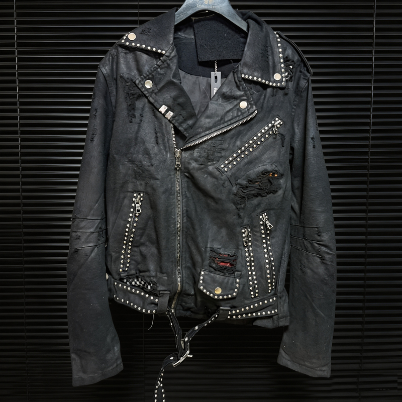 Am Leopard Print Studded Waxed Denim Jacket Heavy-Duty High Street Rock Fashion European and American Style