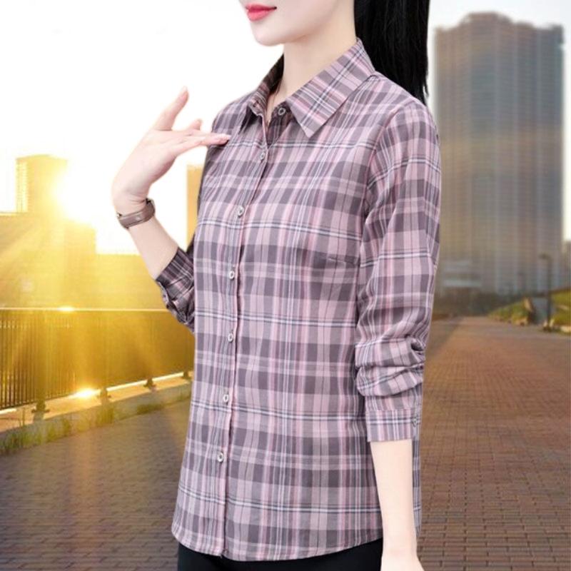 Pure Cotton Autumn Long-Sleeve Plaid Shirt for Women, 2026 New Spring and Autumn Style, Middle-Aged Ladies' Blouse, Base Layer, Mom's Top