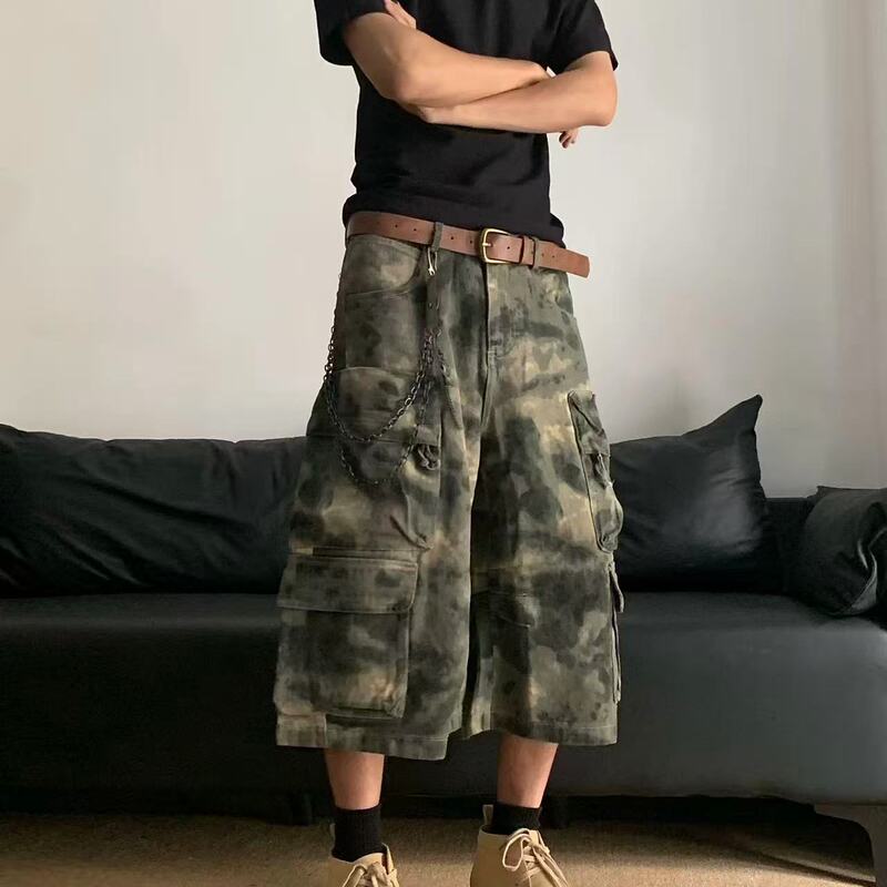 American Street Retro Camouflage Multi-Pocket Cargo Capri Pants Men's Summer Trendy Loose Straight Casual Wide-Leg Shorts