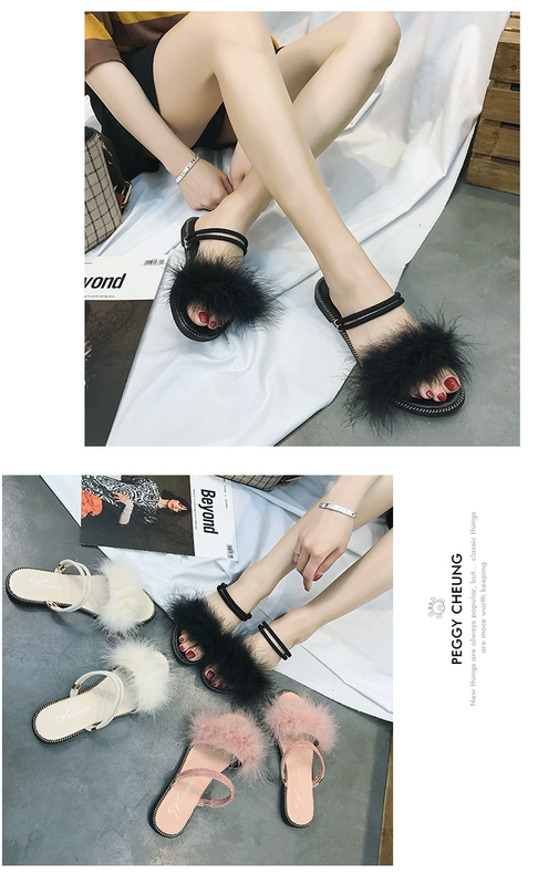 Hai đôi sandal nữ 2018 hè mới đi biển đi giày lông sandal đế bệt