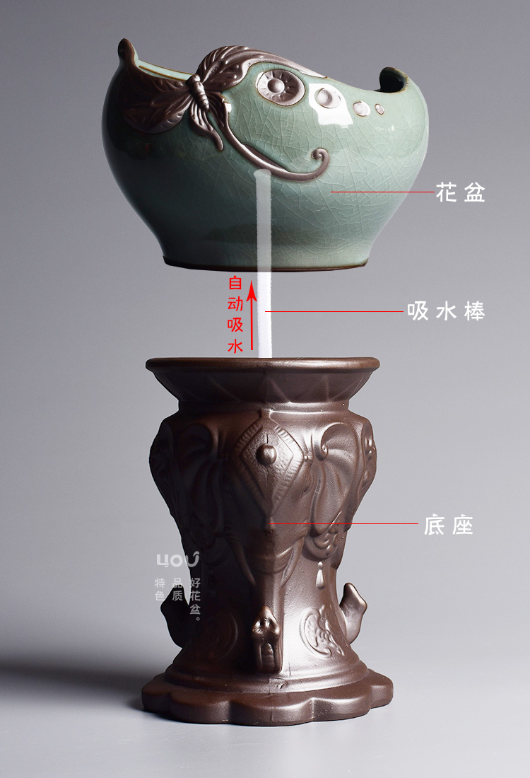 Lazy flowerpot automatic suction pot brother ceramic up creative household indoor potted bracketplant Chinese style bonsai pot