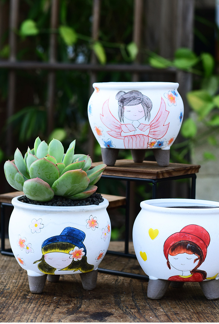 Korean lovely hand - made meaty plant high coarse pottery flowerpot ceramics creative move -raise fleshy flowerpot trumpet