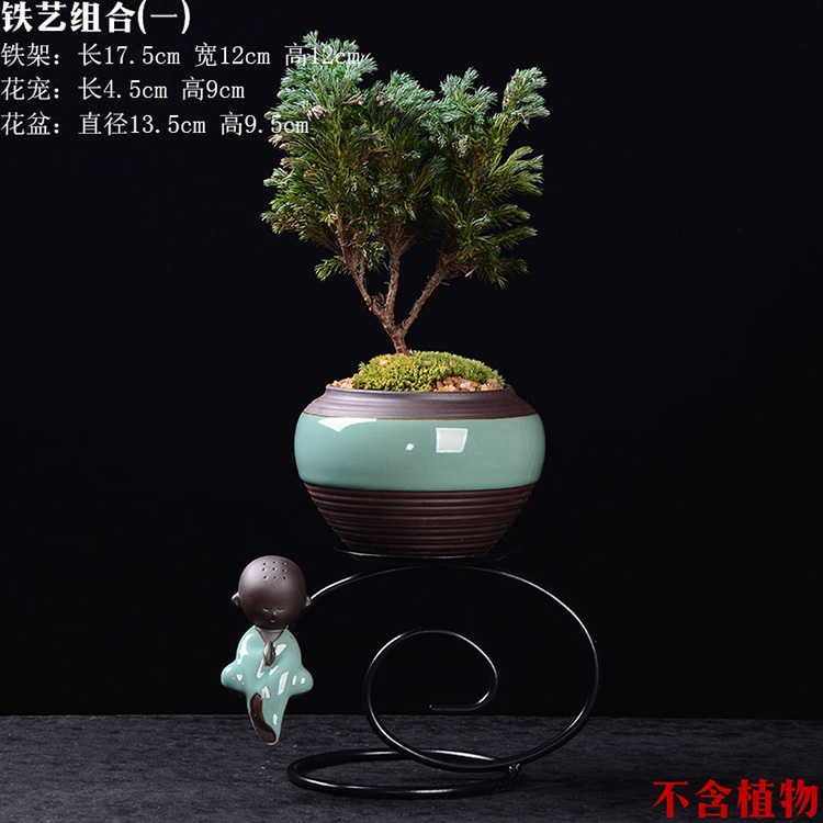 Ceramic flower POTS, wrought iron flower combination potted desktop creative furnishing articles, miniascape zen small basin of pure and fresh green plant more meat