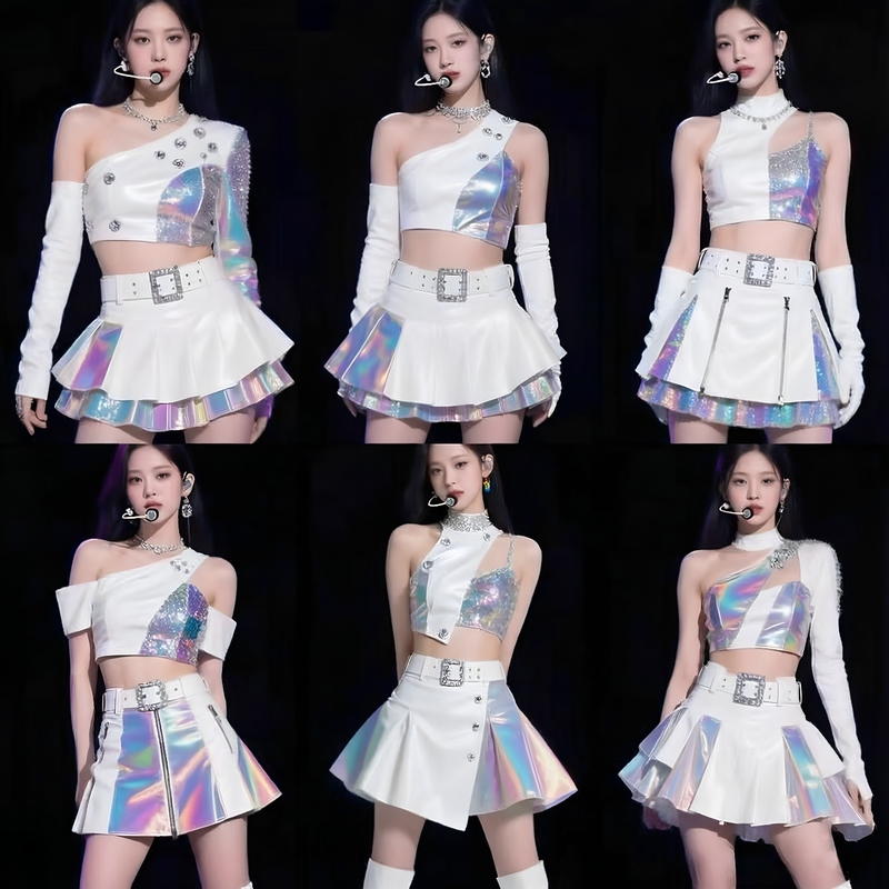 Bar Gogo Girl Group's Same Style as the One Used in the Dance with the Times Stage, Jazz White Patchwork Suit for Commercial Performances and Song Performances Bar Gogo Girl Group's Same Style as the One Used in the Dance with the Times Stage, Jazz White Patchwork Suit for Commercial Performances and Song Performances