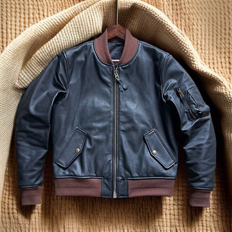 Classic Ma1 Flight Jacket Imported Mixed Goat Leather Short Motorcycle Jacket Men's Baseball Jacket Slim Fit Short Trendy