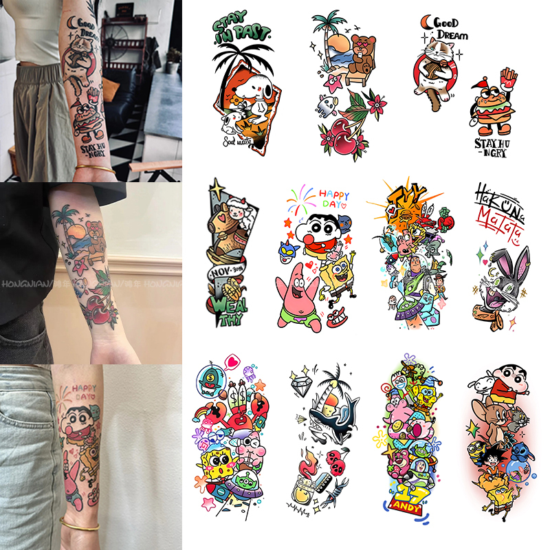 New Summer American Old-School Spliced Cartoon Flower Arm Tattoo Stickers, Waterproof, Long-Lasting, Realistic Colorful Stickers