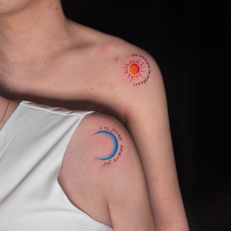 Couple Style Sun and Moon Colorful Tattoo Stickers, High-Value and Personalized, Waterproof and Long-Lasting, for Arms and Shoulders, Real Tattoo