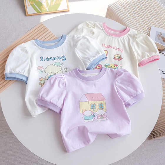 
Girls Short Sleeve 2025 New Summer Children's Pure Cotton Cartoon Print Puff Sleeve Top Baby Fashionable Half-Sleeve Shirt