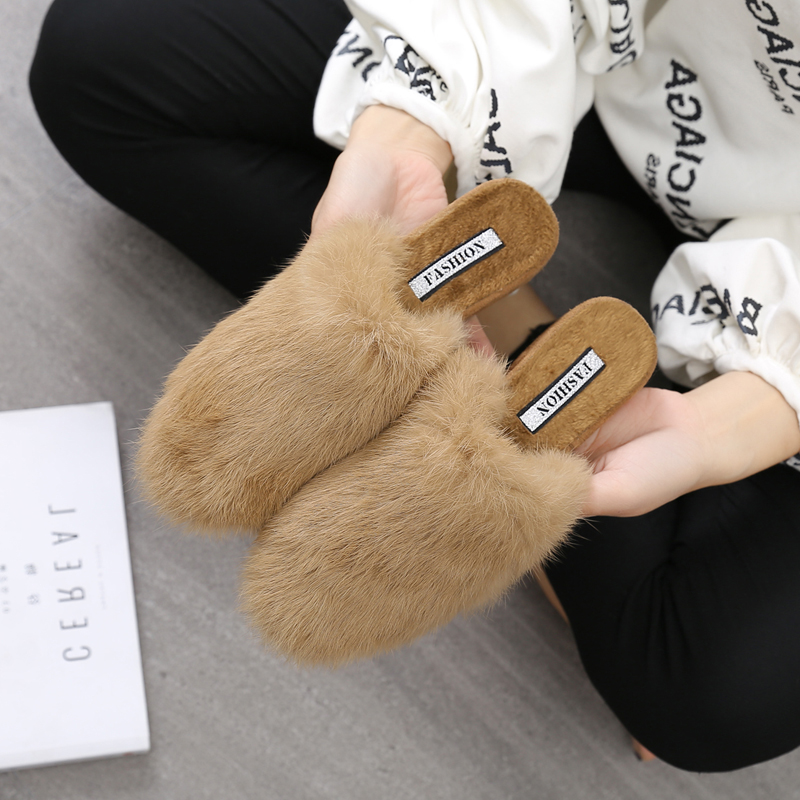 Giày len nữ châu Âu 2018 thu đông mới dày với mặc bên ngoài Muller cotton chic nửa dép xã hội sandal nữ hàn quốc