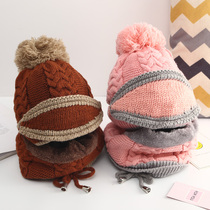 Parent-child autumn and winter boys and girls plus velvet padded ear protection baby wool childrens hat scarf one hat set tide