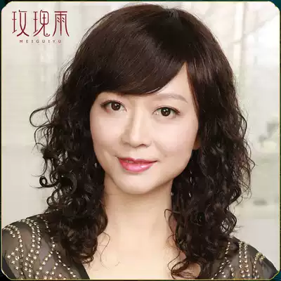 Wig Female long hair Medium long curly hair Mom perm real hair Fashion wig Medium long curly hair full headgear real hair