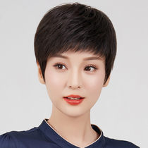 Middle-aged wig female short hair oblique bangs short straight hair Real hair full head cover mom real hair set natural