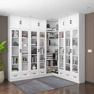 Simple modern corner bookcase bookshelf Study storage cabinet combination solid wood glass door bookcase custom to the top cabinet