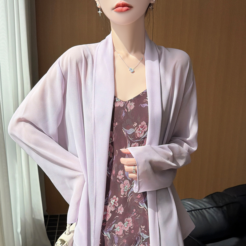Long-Sleeved Cardigan, Women's Mid-Length Shirt, Shawl, Travel Sun Protection Shirt, Chiffon Gauze Cover-Up, Thin Outer Coat