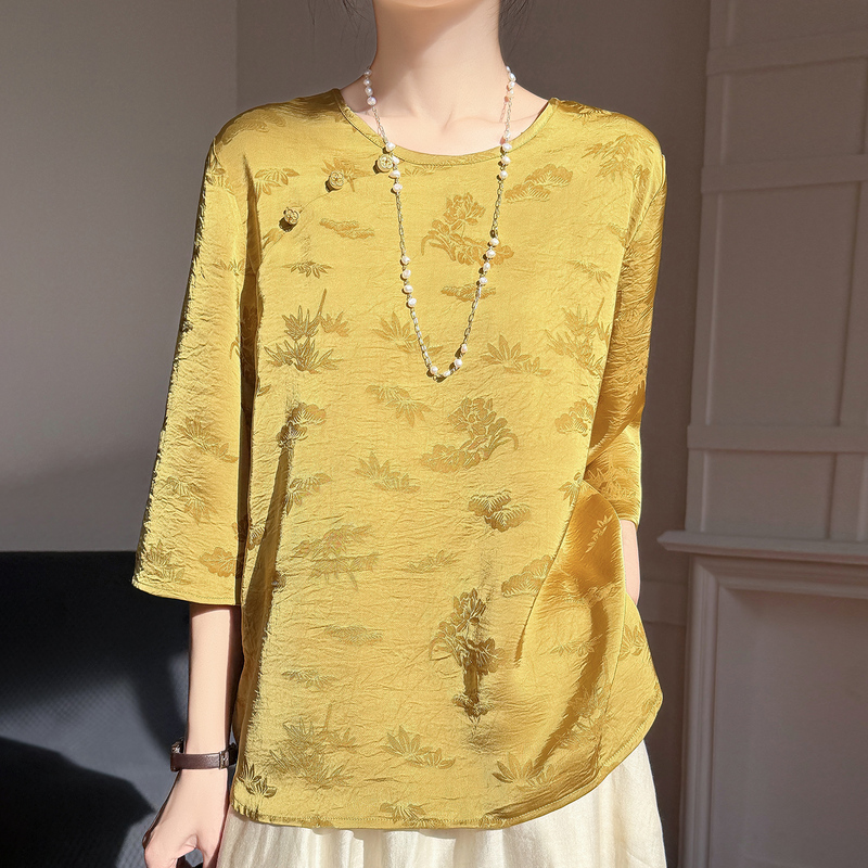 New Chinese Style Silk Jacquard Three-Quarter Sleeve T-Shirt for Women, Loose Fit, Slimming, Versatile, High-End Feel, Satin Chinese Style Shirt New Chinese Style Silk Jacquard Three-Quarter Sleeve T-Shirt for Women, Loose Fit, Slimming, Versatile, High-End Feel, Satin Chinese Style Shirt