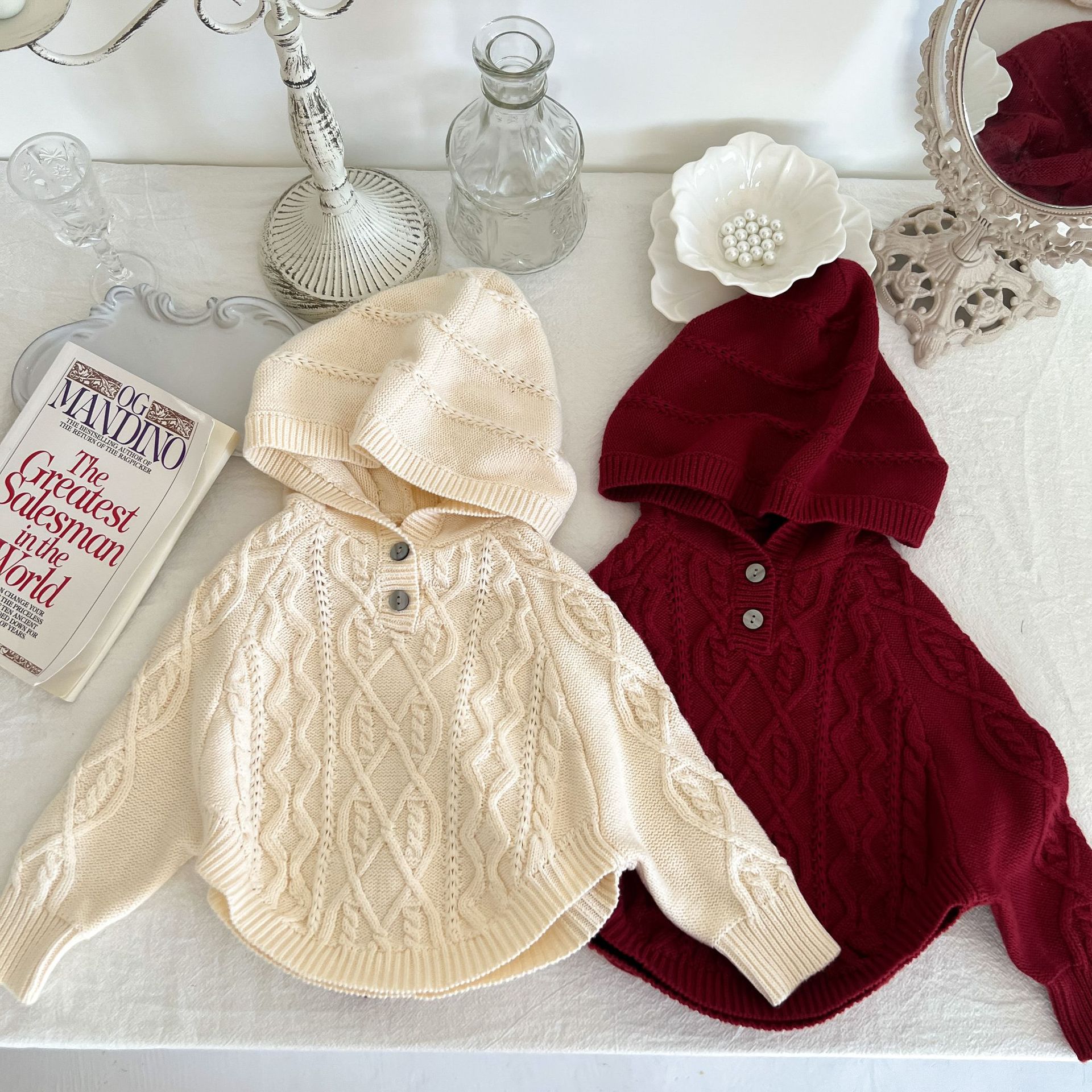 ins autumn winter Korean version girl red even cap sweater baby foreign air Christmas cape knitted jacket head jacket 1-Taobao