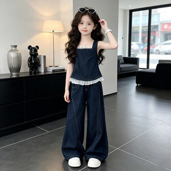 ເດັກຍິງ denim suspender suit ແບບເກົາຫຼີ resort style lace vest wide leg pants ຊຸດສອງຊຸດສໍາລັບເດັກນ້ອຍຜູ້ສູງອາຍຸບາງໆແບບຕາເວັນຕົກ