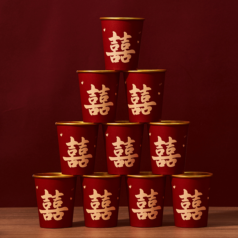 Wedding Paper Cups, Disposable Thickened Celebration Cups for Wedding Banquets, Housewarming, Home Use, Engagement, Wedding Tea Ceremony, Red Festive Water Cups
