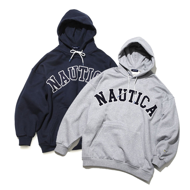 Nautica Letter Embroidery Couple Hooded Sweatshirt Pullover Cityboy Style Casual Loose Japanese Long-Sleeved Top