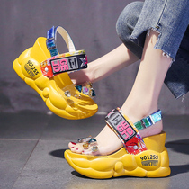 2021 summer new 10cm Inner height sandals female thick bottom high-heeled rhinestone sandals slope heel sandals Roman shoes