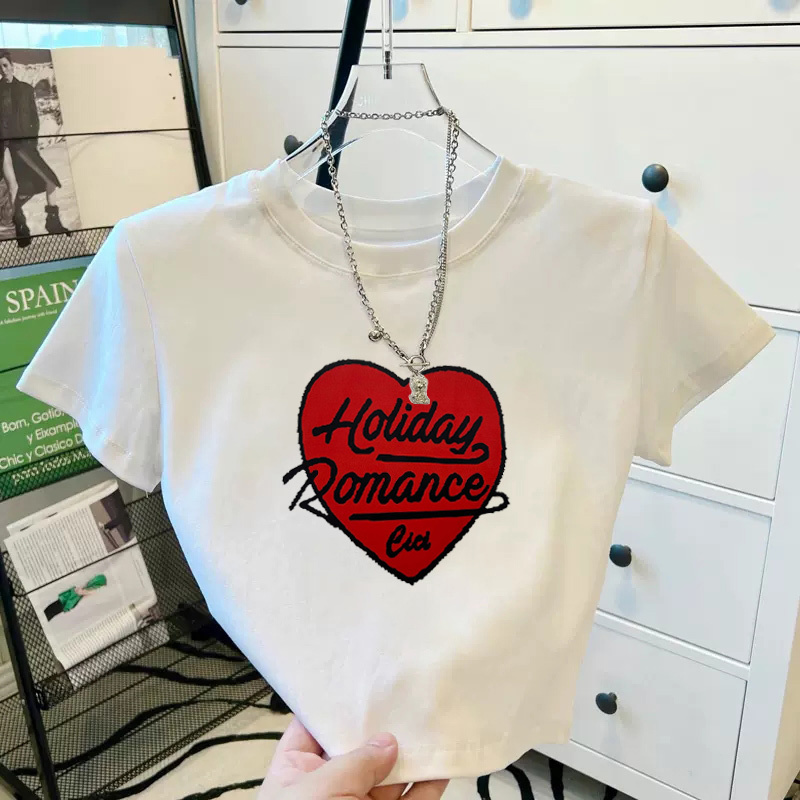 White Heart Short-Sleeve T-Shirt for Women, Short and Slim-Fitting Top, 2026 Niche Design, Trendy Half-Sleeve Tee