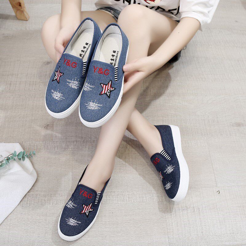 Old Beijing Cloth Shoes Women Shoes Jeans Sayaki Shoes Summer Autumn Pregnant Women Students Casual Shoes Flat Bottom Sloth A foot pedal Shoe 