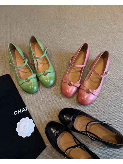真皮~温柔气质蝴蝶结玛丽珍鞋女2025新款春夏一字扣粗跟浅口单鞋