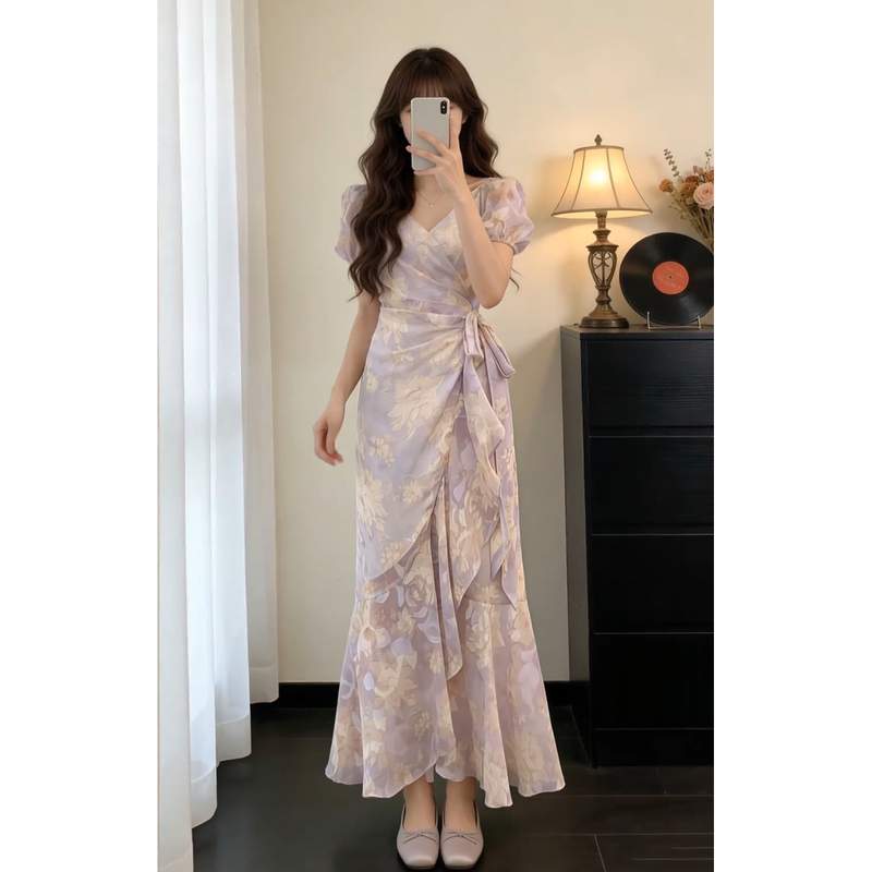 French-Style Purple V-Neck Puff-Sleeved Dress for Women Summer 2026 New Style Waist-Slimming Fishtail Hip-Hugging Long Skirt