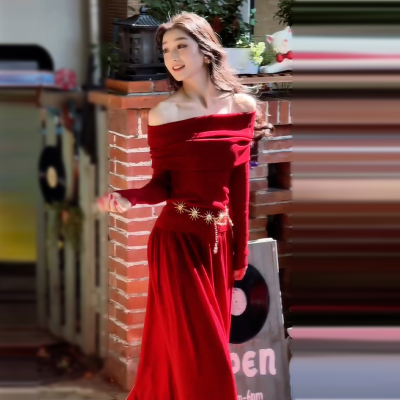 2026 New Red Off-Shoulder Knitted Dress for Women, Autumn and Winter Korean Style Lazy Outfit Long Dress