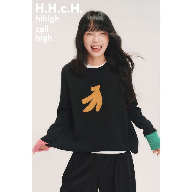 Hhch Koushai Aw26 Banana Towel Embroidery Wool Blend Color-Block Loose Black Sweater
