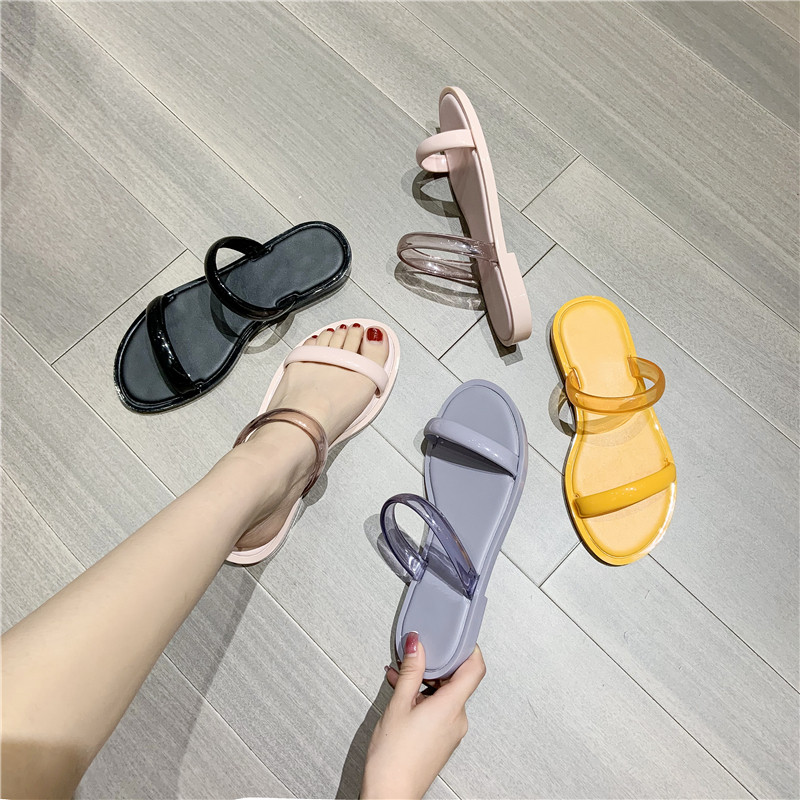Europe and the United States one-line with open-toe jelly slippers flat bottom non-slip waterproof plastic sandals and slippers beach shoes outside the sea