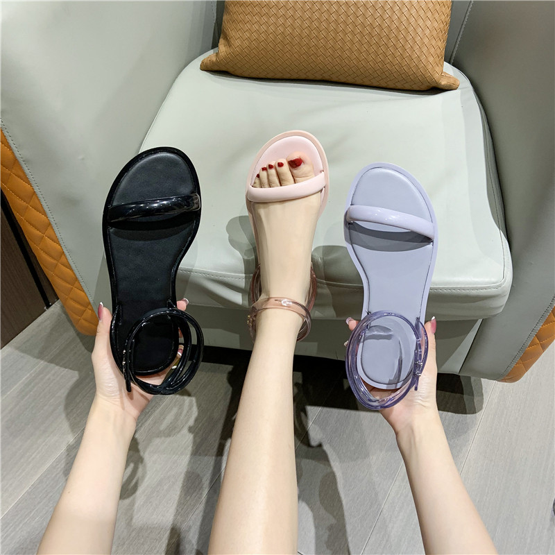 2022 summer new style all-match jelly beach shoes with one word belt women's sandals seaside transparent flat sandals and slippers
