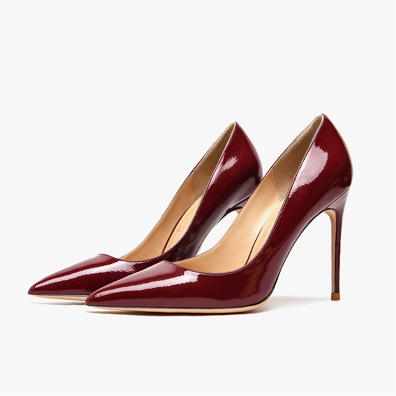 Lavendy Autumn Winter New Genuine Leather Fashion Wine Red High Heel Shoe Fine Heel Lacquered Leather Pointed Sexy Light Oral Career Single Shoes