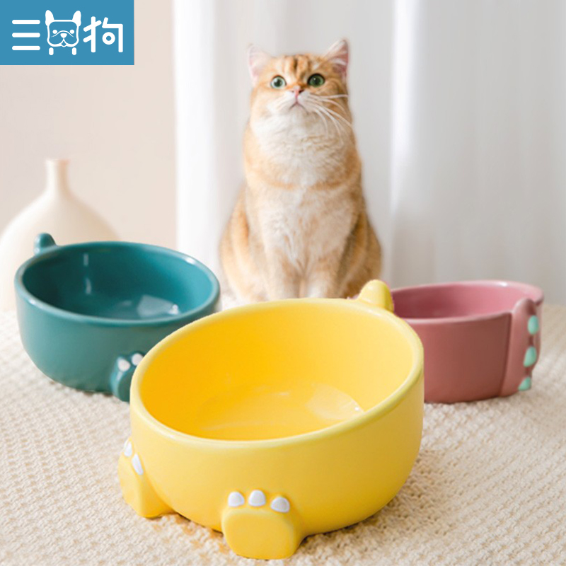 Cat bowls ceramic dog bowls anti-overturning high foot protection cervical spine double bowl eating basin kitty drinking water bowl drinking water pet supplies