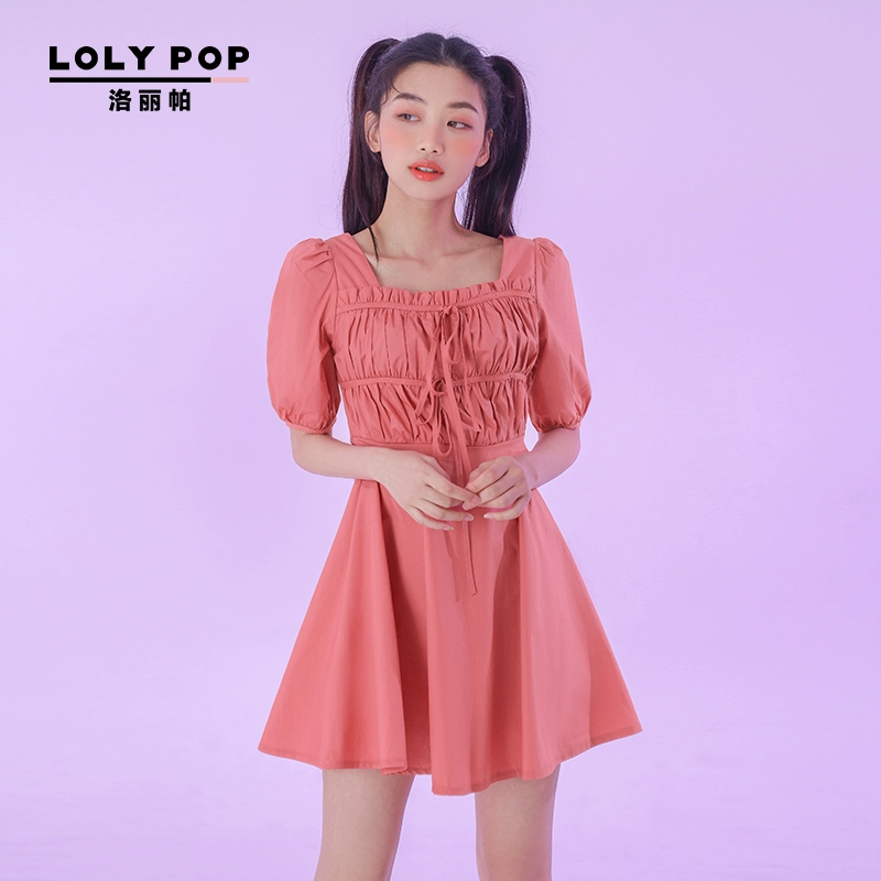 Lolipa Lolypop Phụ nữ vuông cổ áo Đầm 2020 Mới mùa hè Đầm cao eo thời trang Tay áo ngắn Váy - Váy eo cao