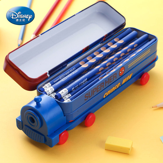 Disney Disney train stationery box Spider-Man multi-functional pencil case boy pen bag kindergarten boy children's primary school students with first grade black technology car multi-layer pencil case