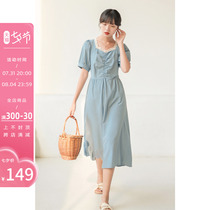 Farth Luffany style square collar dress woman summer short sleeve cashew with slim temperament blue vintage long style a dress