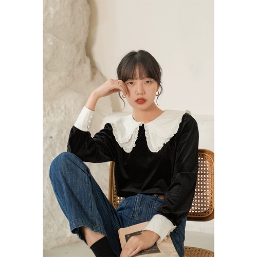 Бархатная кукла, демисезонная рубашка, сексуальный ретро черный лонгслив, французский стиль