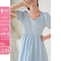 Fascia blue French style temperament Even dress woman Summer Bubbly Cuff Design Sensation Cashew Slim Short a word skirt