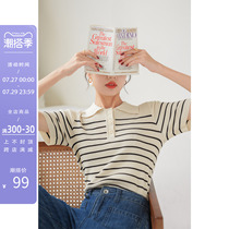 Fastiano style striped stitch sweatshirt thin women summer ice silk short sleeve polo collar vintage short and gentle blouses