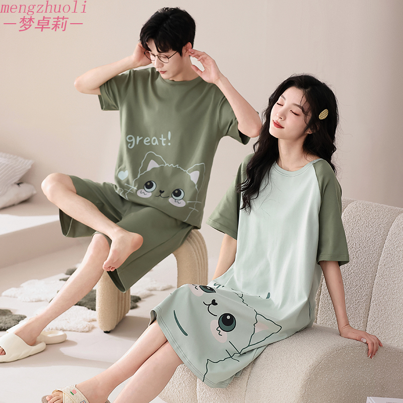 Couple Pajamas Summer Women's Pure Cotton Short-Sleeved Nightgown Cartoon Cute Super Cute Summer Men's Home Clothes Can Be Worn Outside the Suit Couple Pajamas Summer Women's Pure Cotton Short-Sleeved Nightgown Cartoon Cute Super Cute Summer Men's Home Clothes Can Be Worn Outside the Suit