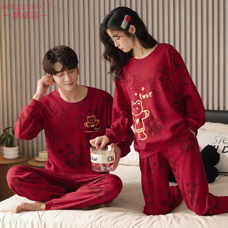 Couple's Pajamas, Spring and Autumn Style, Pure Cotton, Long-Sleeved, Newlywed, Red, Large Size, Wedding, Zodiac Year, Men's and Women's Home Wear Set Couple's Pajamas, Spring and Autumn Style, Pure Cotton, Long-Sleeved, Newlywed, Red, Large Size, Wedding, Zodiac Year, Men's and Women's Home Wear Set