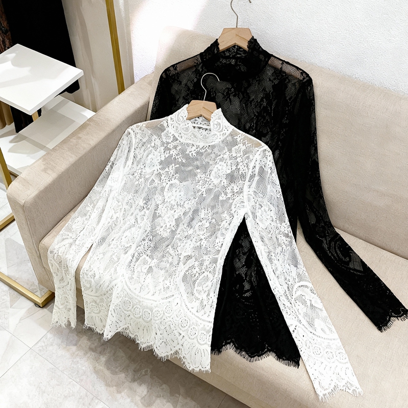 Lace Base Shirt for Women, Long-Sleeved, Hollow Mesh Inner Top, Stylish Lace Shirt, High-End Black See-Through